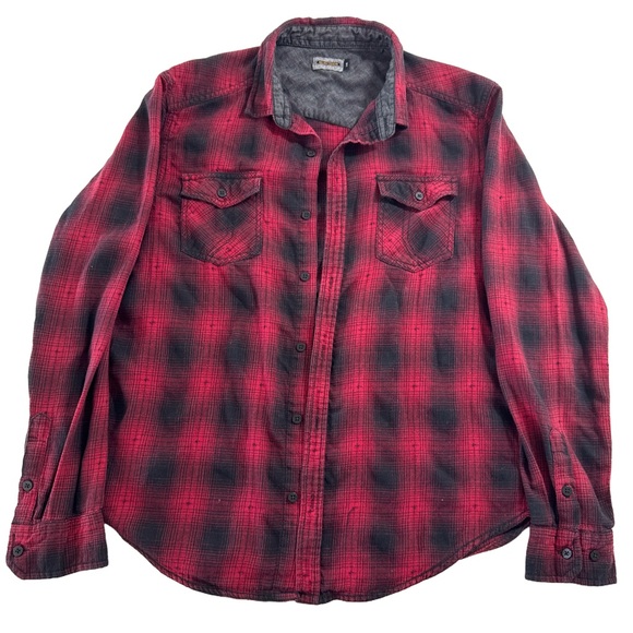 Burnside Men’s L Plaid Flannel Shirt Red Black Western Grunge Cotton Blend - Picture 1 of 9